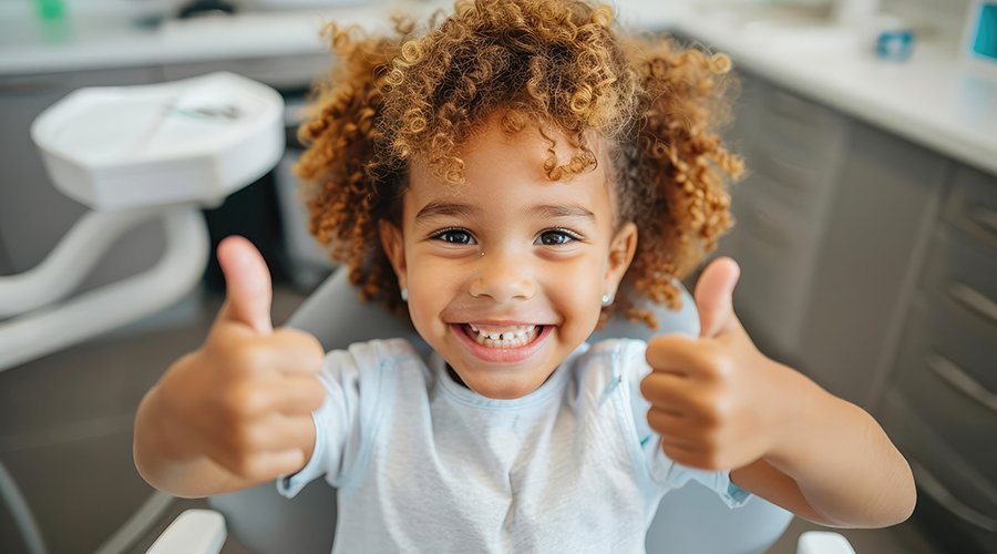 Little girl giving two thumbs while visiting her Delta Dental dentist in Southampton